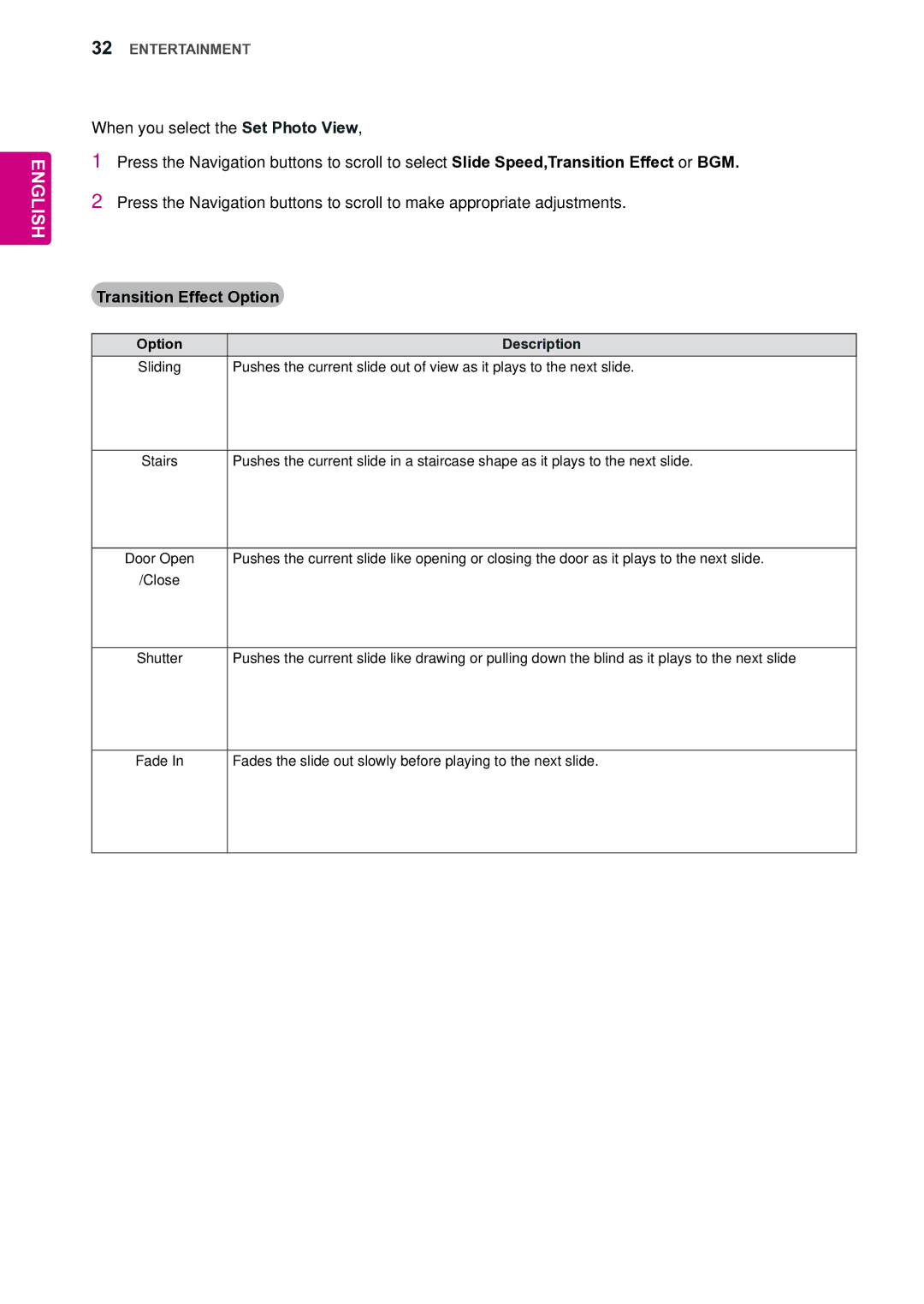 LG Electronics 42VS20 owner manual Transition Effect Option 