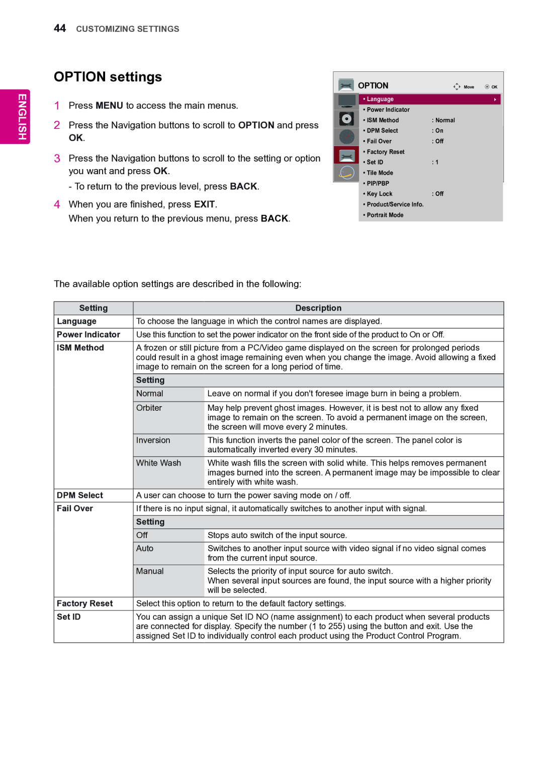 LG Electronics 42VS20 owner manual Option settings 