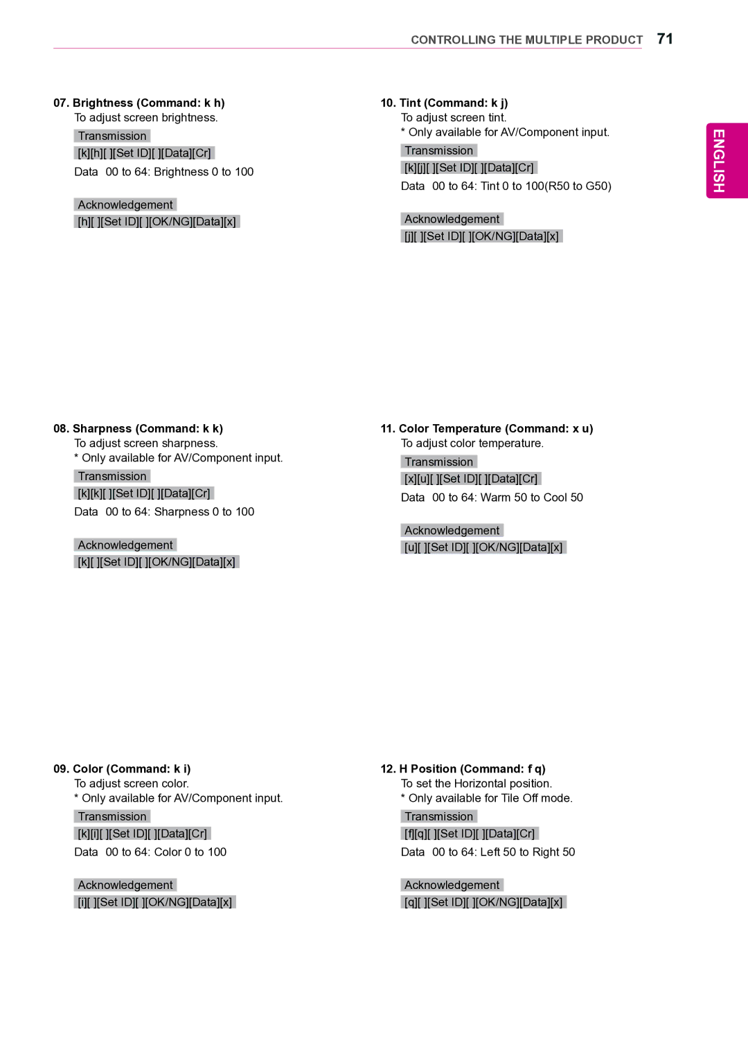 LG Electronics 42VS20 Brightness Command k h Tint Command k j, Sharpness Command k k, Color Command k Position Command f q 