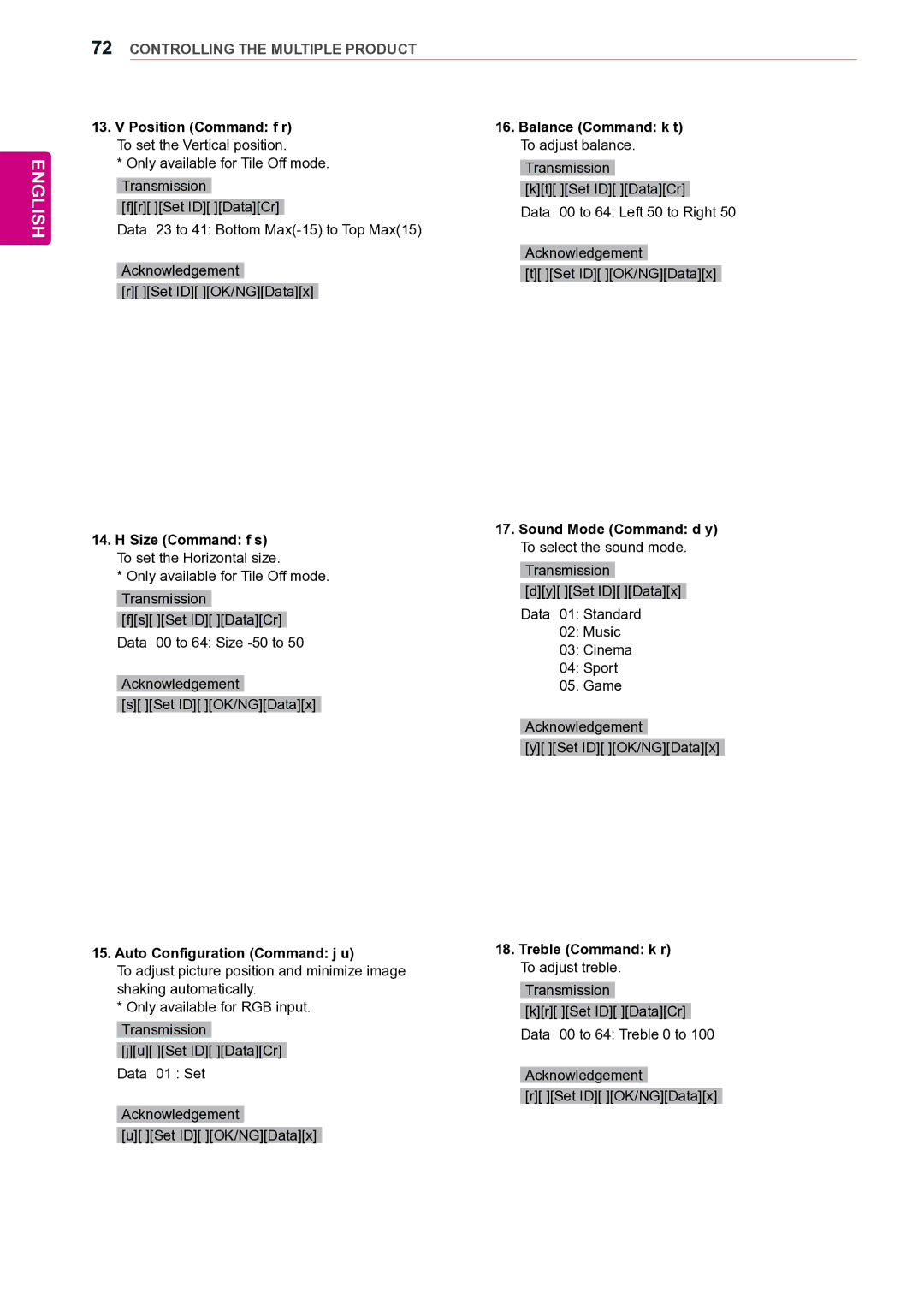 LG Electronics 42VS20 owner manual Size Command f s To set the Horizontal size, Auto Configuration Command j u 