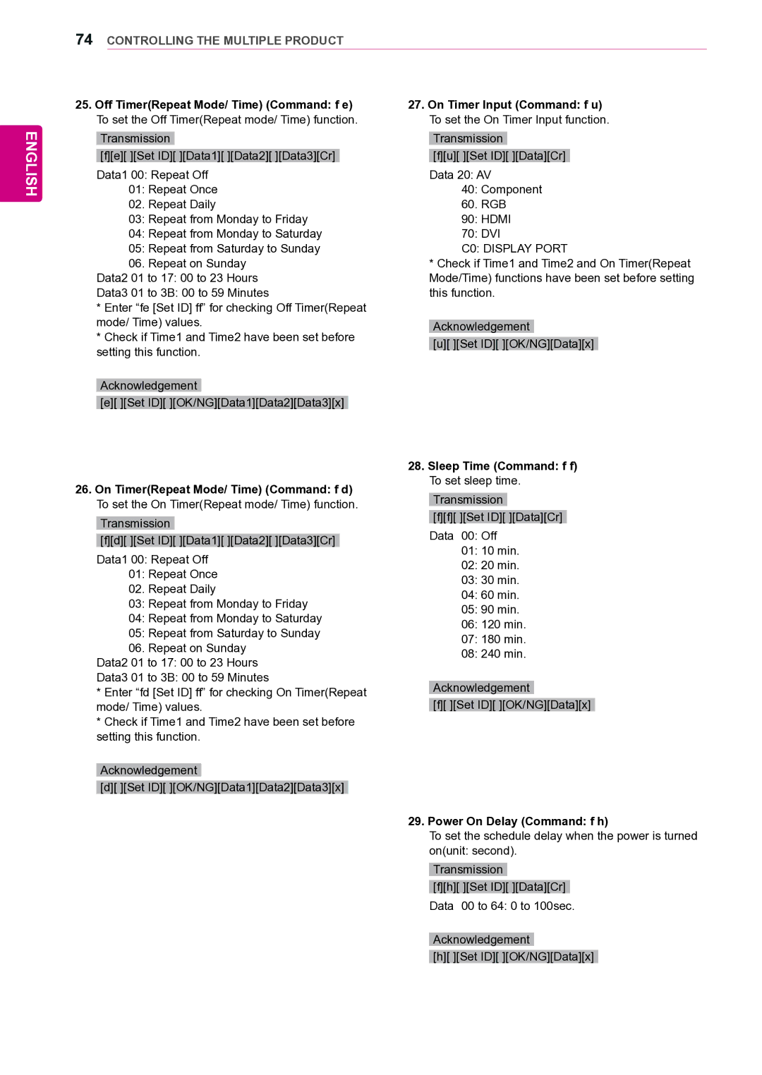 LG Electronics 42VS20 owner manual Sleep Time Command f f To set sleep time, Power On Delay Command f h 