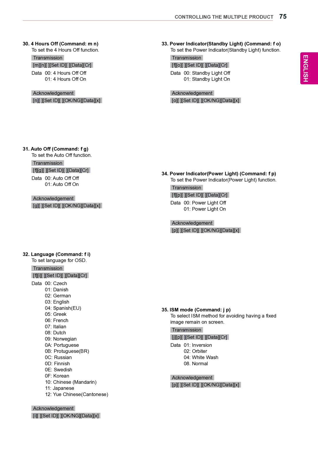 LG Electronics 42VS20 owner manual Language Command f i To set language for OSD, ISM mode Command j p 