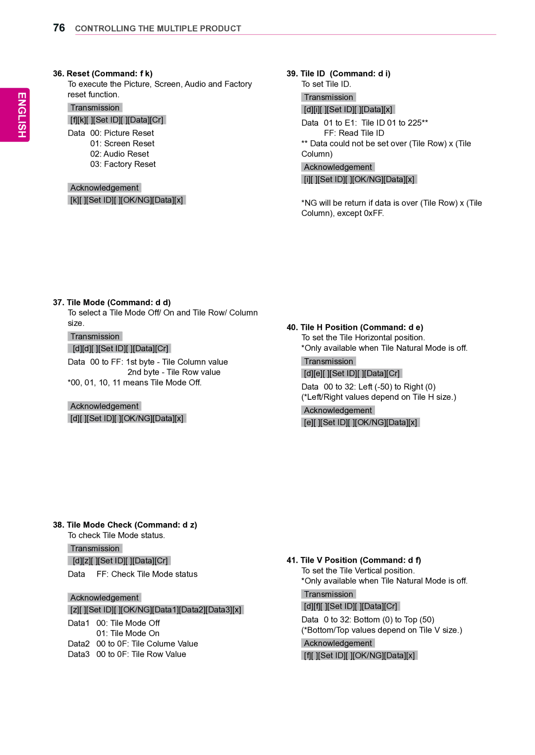 LG Electronics 42VS20 Reset Command f k, Tile Mode Command d d, Tile Mode Check Command d z To check Tile Mode status 