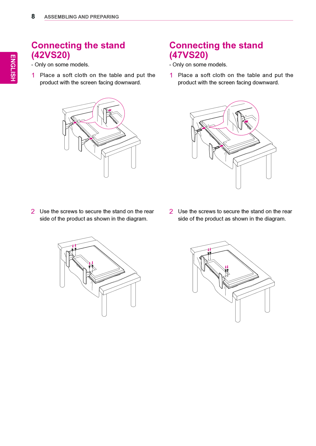 LG Electronics owner manual Connecting the stand 42VS20 47VS20, Side of the product as shown in the diagram 