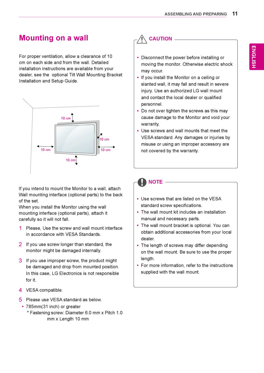 LG Electronics 55WS10, 42WS10, 47WS10 owner manual Mounting on a wall 