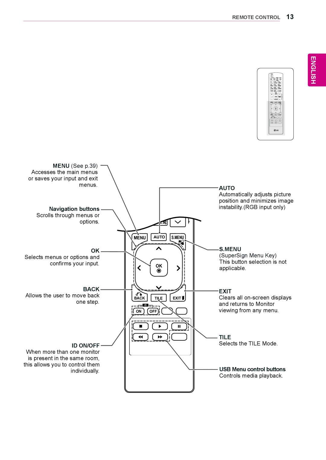 LG Electronics 47WS10, 42WS10 Navigation buttons Scrolls through menus or, Returns to Monitor, Viewing from any menu 