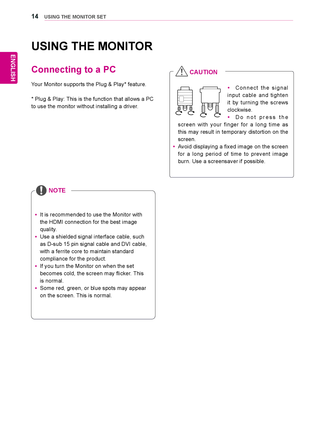 LG Electronics 55WS10, 42WS10, 47WS10 owner manual Using the Monitor, Connecting to a PC 