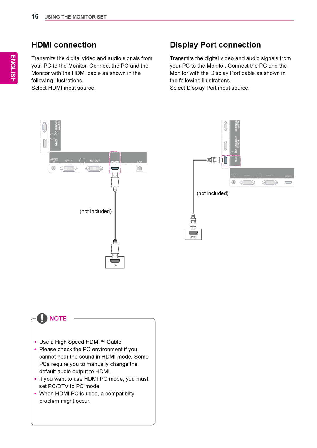 LG Electronics 47WS10, 42WS10, 55WS10 owner manual Hdmi connection, Display Port connection 