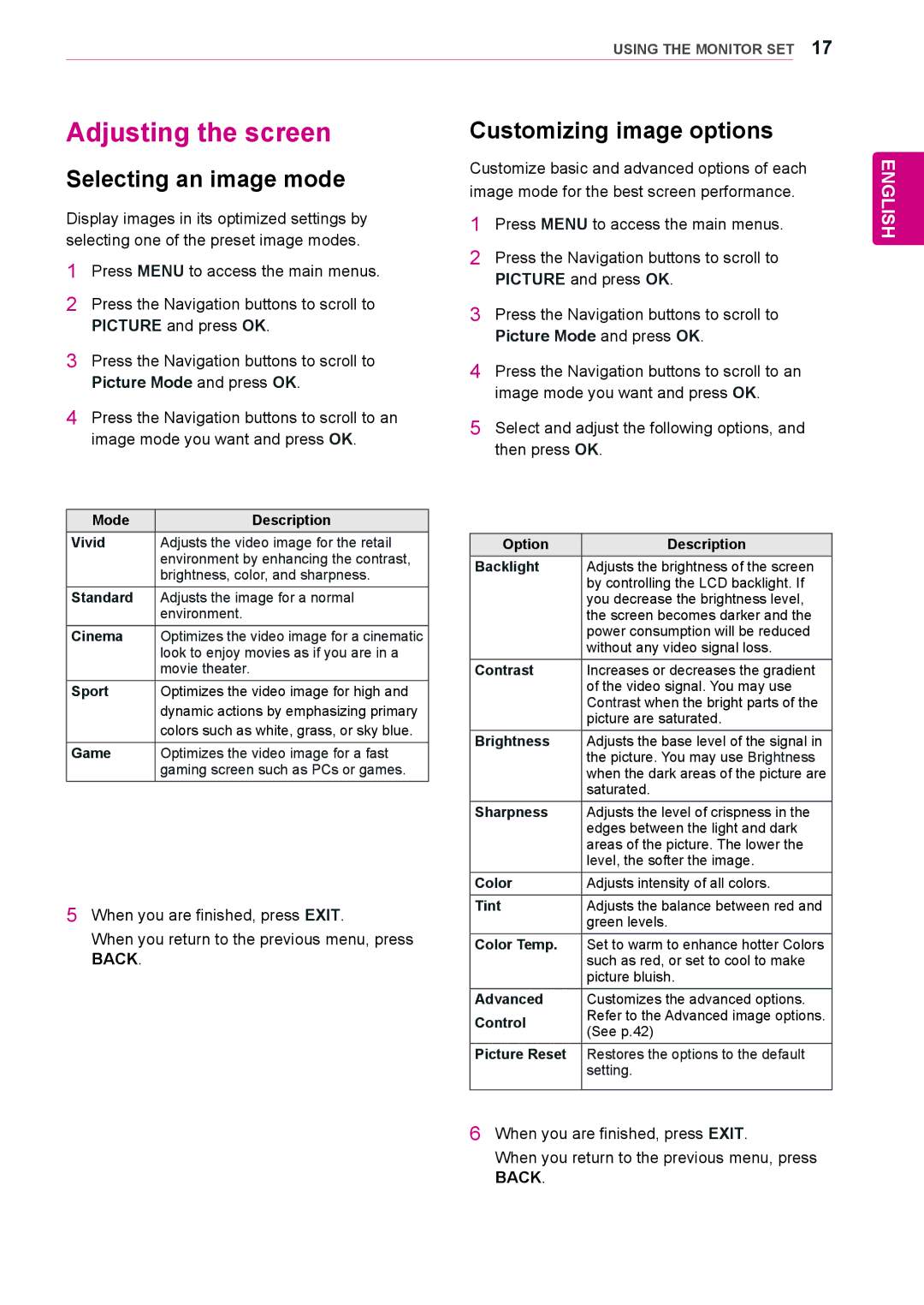 LG Electronics 55WS10, 42WS10, 47WS10 owner manual Adjusting the screen, Selecting an image mode, Customizing image options 