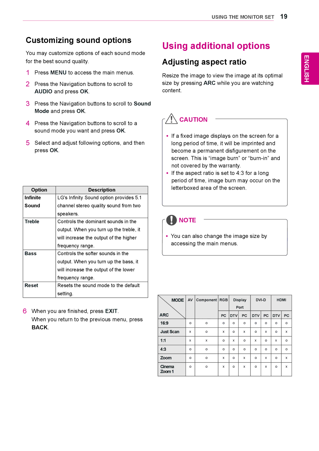 LG Electronics 47WS10, 42WS10, 55WS10 Using additional options, Customizing sound options, Adjusting aspect ratio 