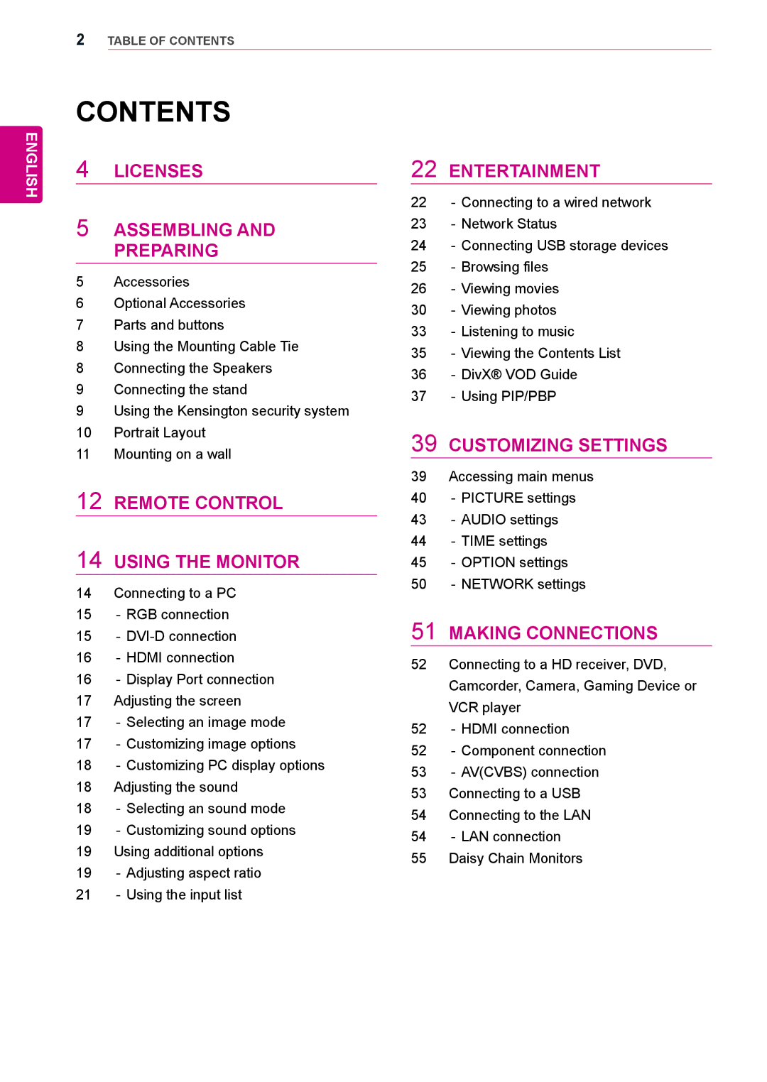 LG Electronics 55WS10, 42WS10, 47WS10 owner manual Contents 