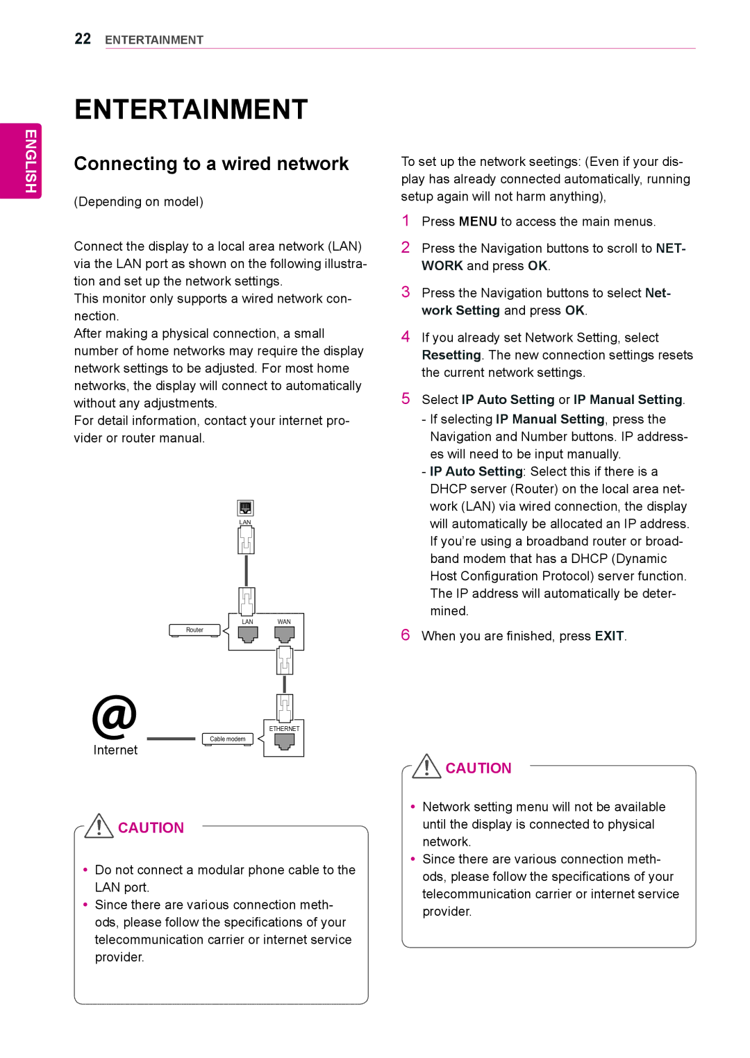 LG Electronics 47WS10, 42WS10 Entertainment, Connecting to a wired network, Select IP Auto Setting or IP Manual Setting 