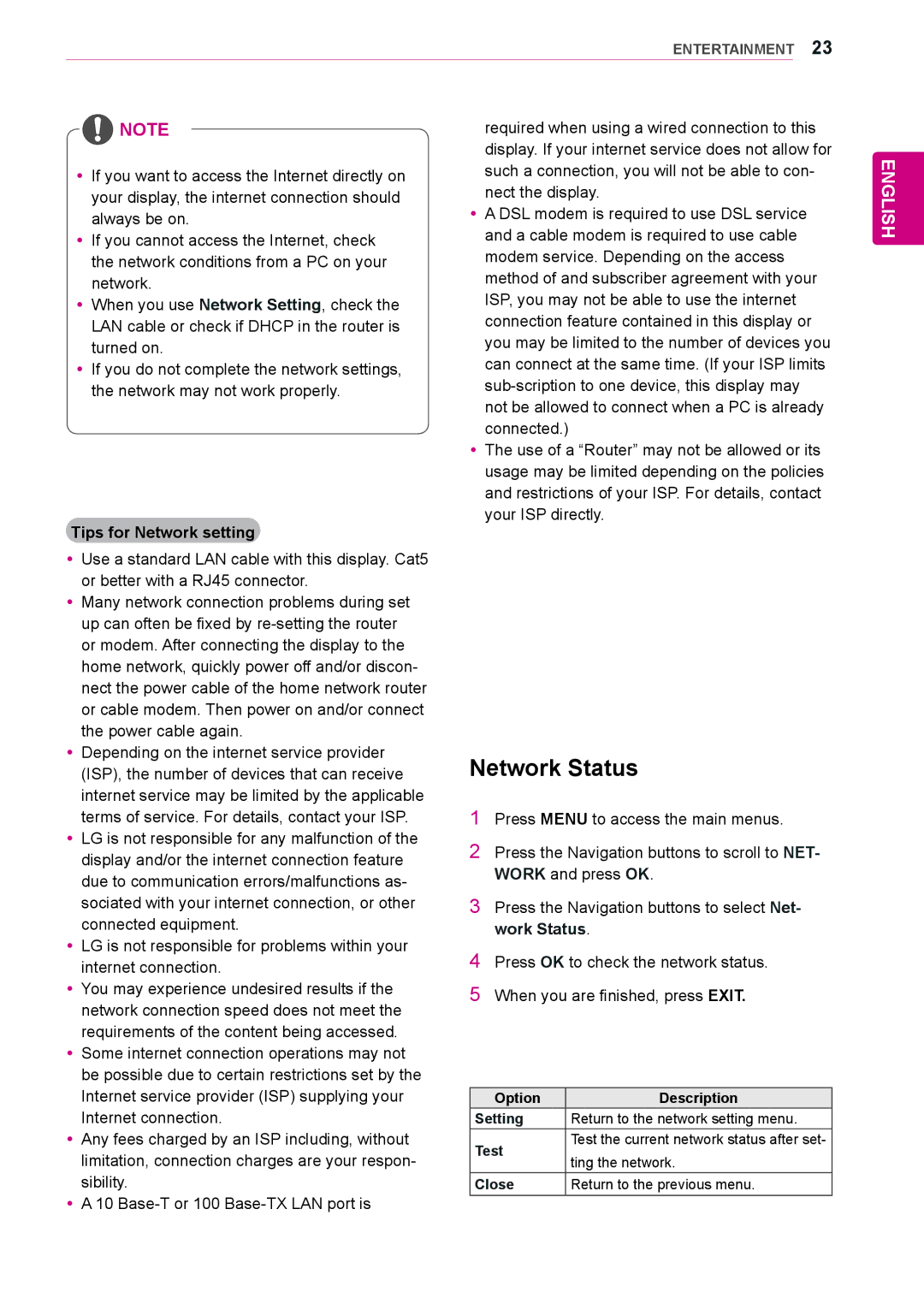 LG Electronics 55WS10 Network Status, Tips for Network setting, Ting the network, Close Return to the previous menu 