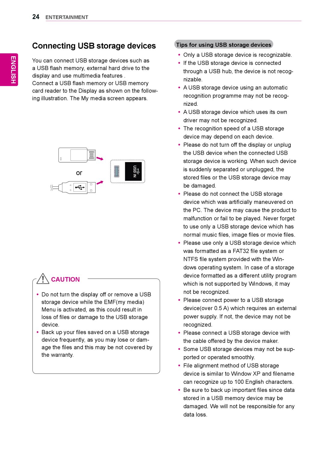 LG Electronics 42WS10, 47WS10, 55WS10 owner manual Connecting USB storage devices, Tips for using USB storage devices 