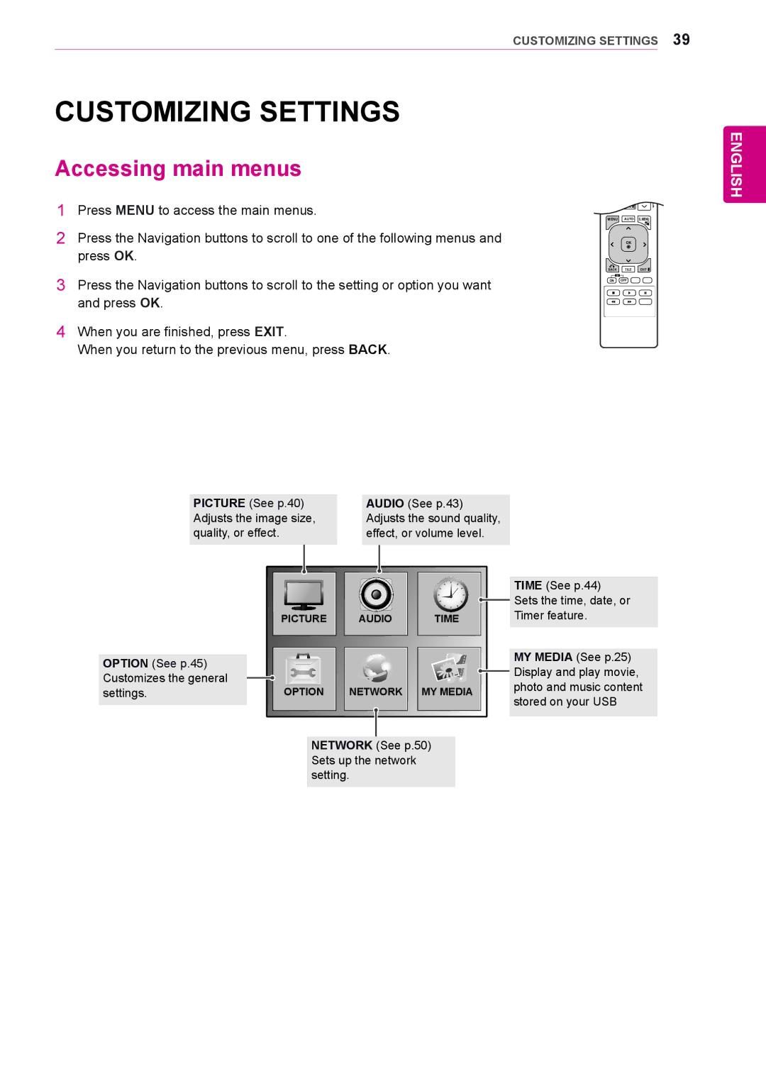 LG Electronics 42WS10, 47WS10, 55WS10 owner manual Customizing Settings, Accessing main menus 