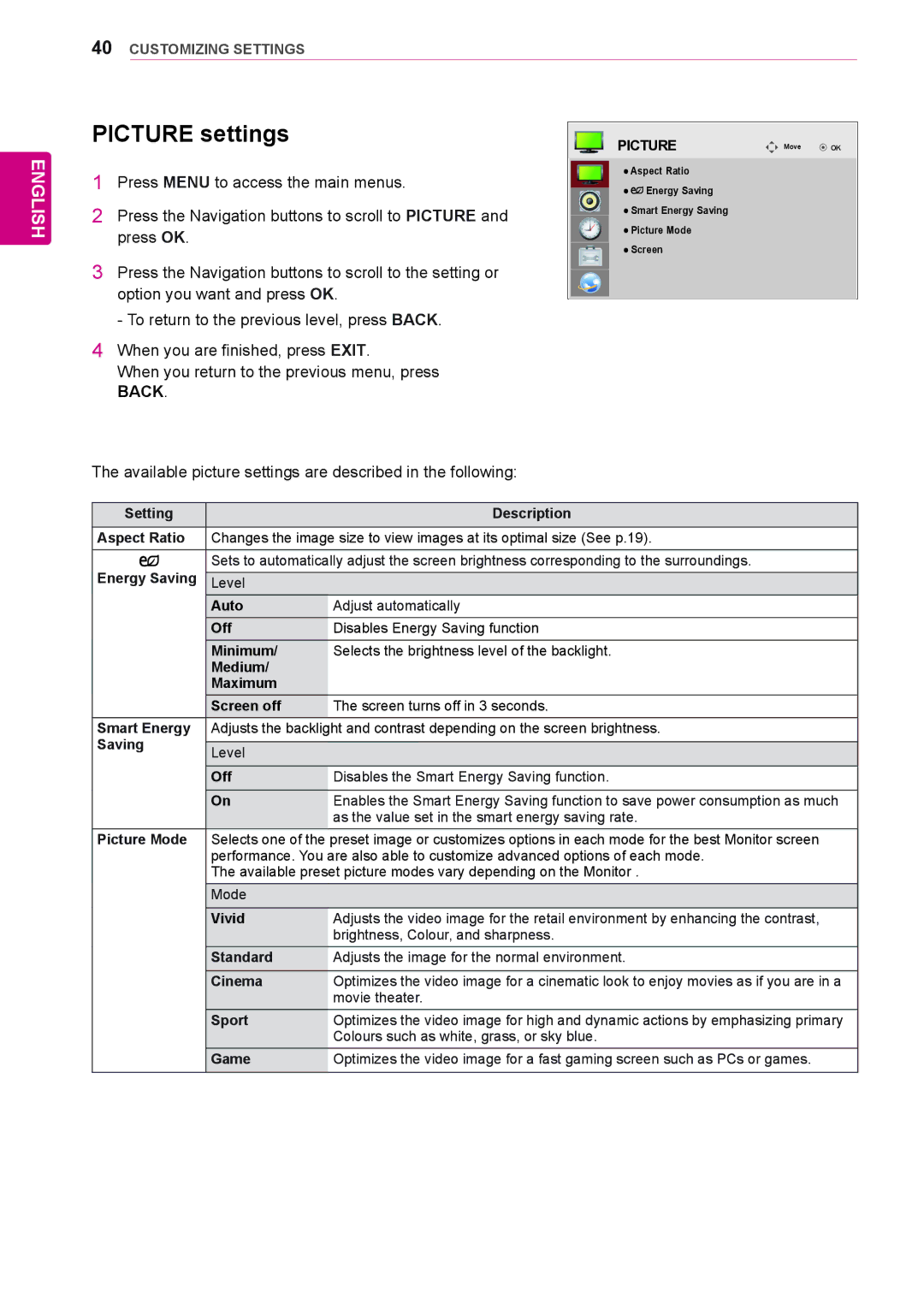 LG Electronics 47WS10, 42WS10, 55WS10 owner manual Picture settings 