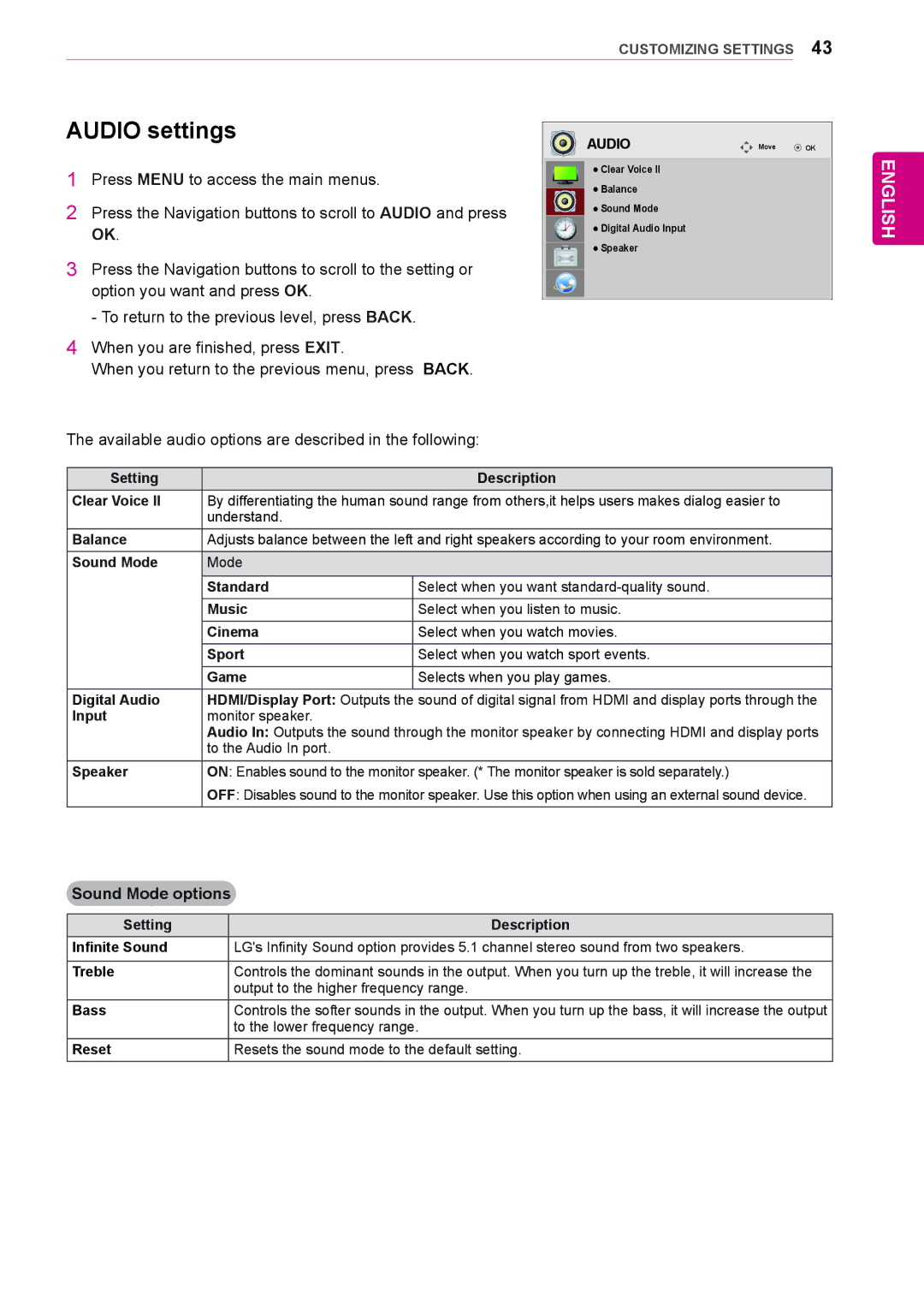 LG Electronics 47WS10, 42WS10, 55WS10 owner manual Audio settings, Sound Mode options, To the lower frequency range 