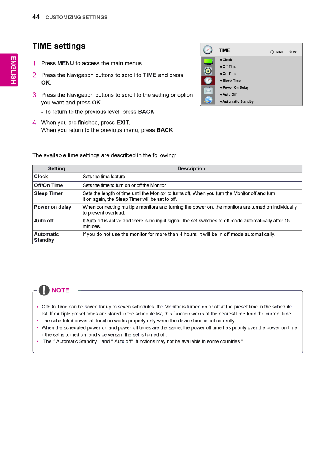 LG Electronics 55WS10, 42WS10, 47WS10 owner manual Time settings, To prevent overload, Auto off, Minutes 