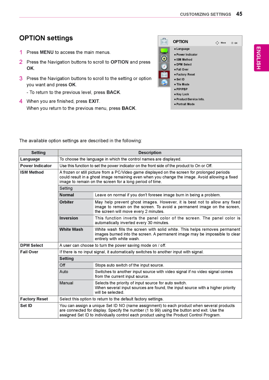 LG Electronics 42WS10, 47WS10, 55WS10 owner manual Option settings 