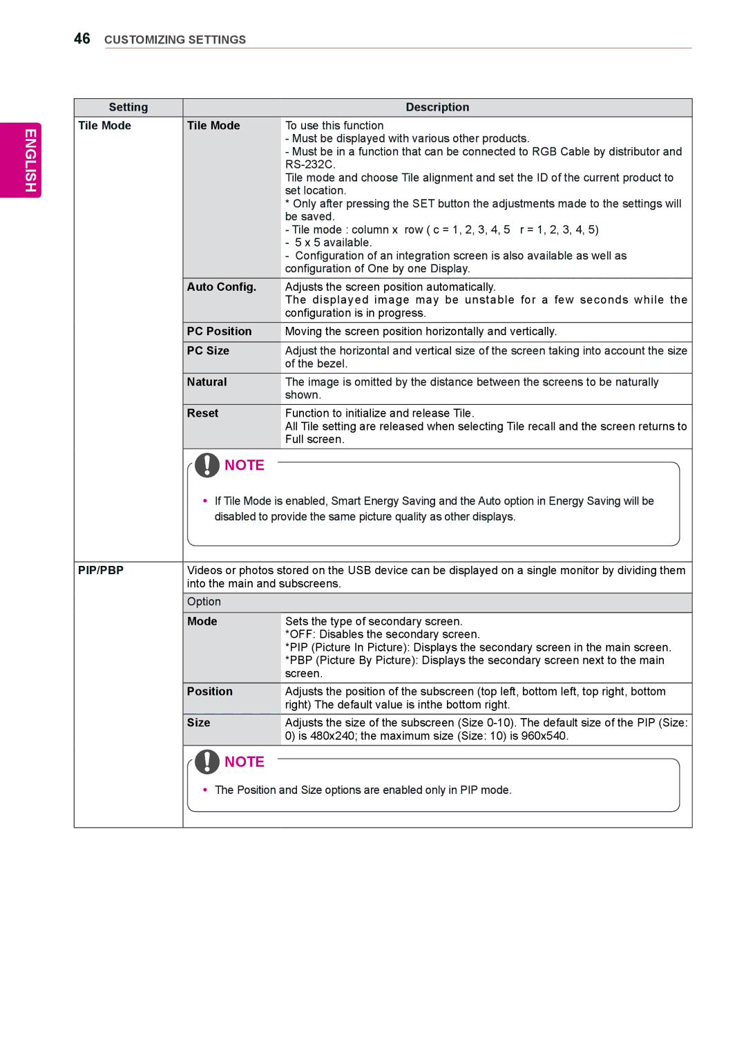 LG Electronics 47WS10, 42WS10, 55WS10 owner manual Setting Description Tile Mode, PC Position, PC Size, Natural 