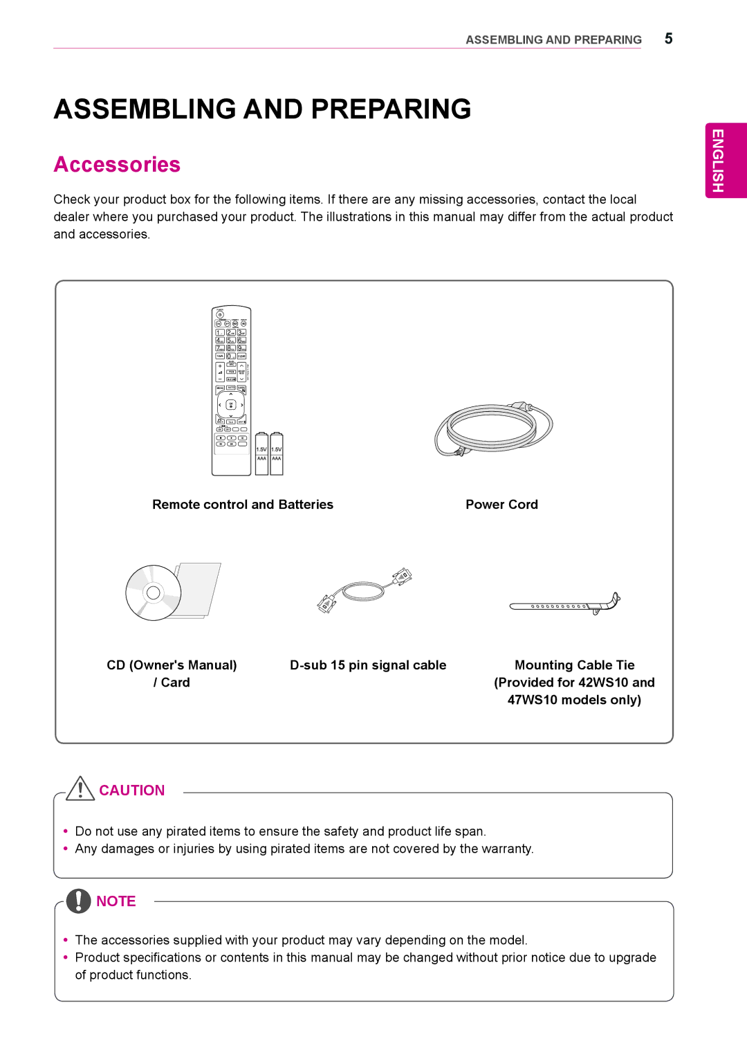 LG Electronics 55WS10, 42WS10, 47WS10 Assembling and Preparing, Accessories, Remote control and Batteries Power Cord 