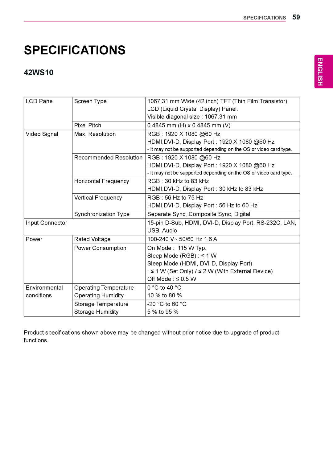 LG Electronics 55WS10, 47WS10 owner manual Specifications, 42WS10 