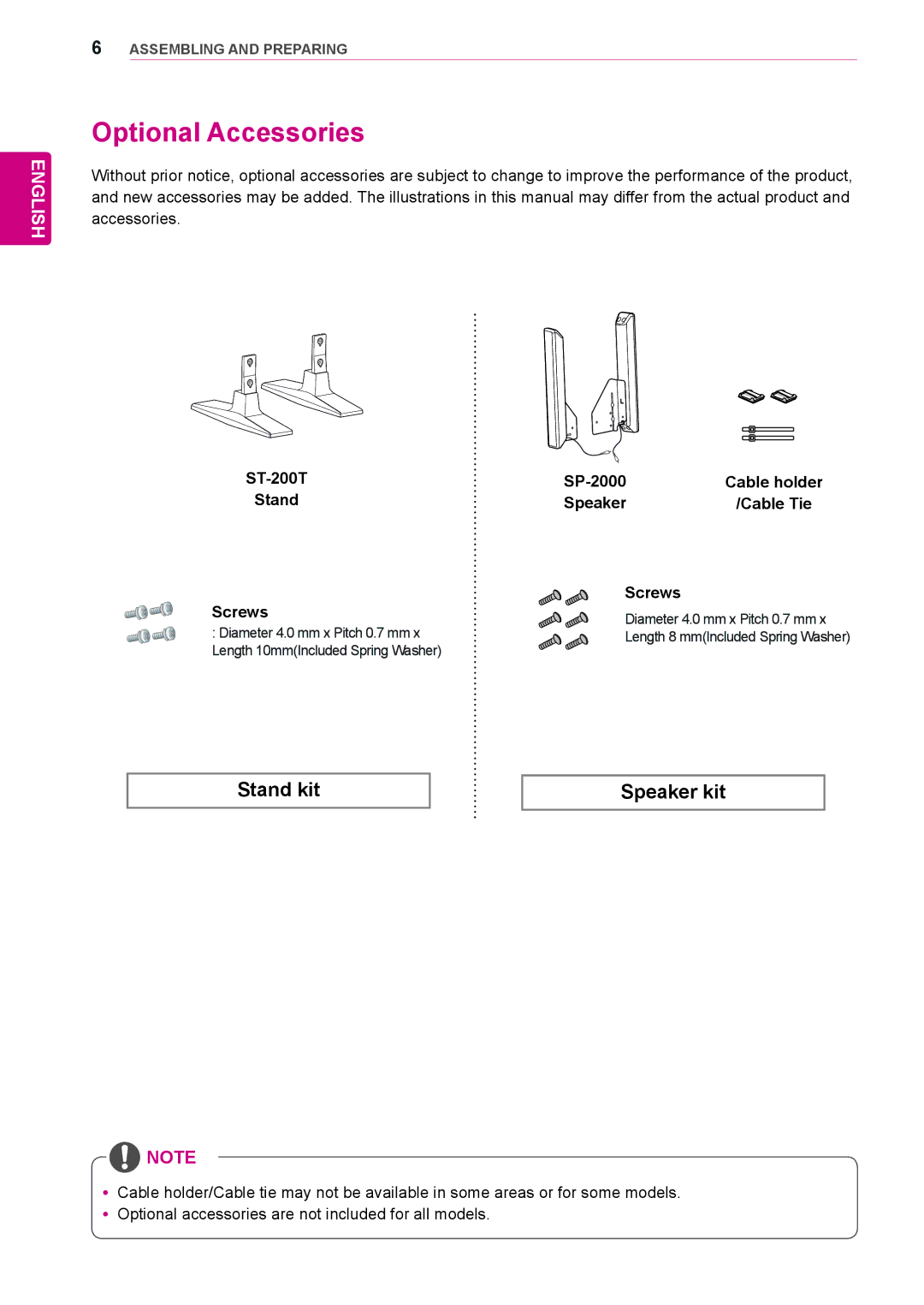 LG Electronics 42WS10, 47WS10 Optional Accessories, ST-200T Stand Screws, SP-2000 Cable holder Speaker Cable Tie Screws 