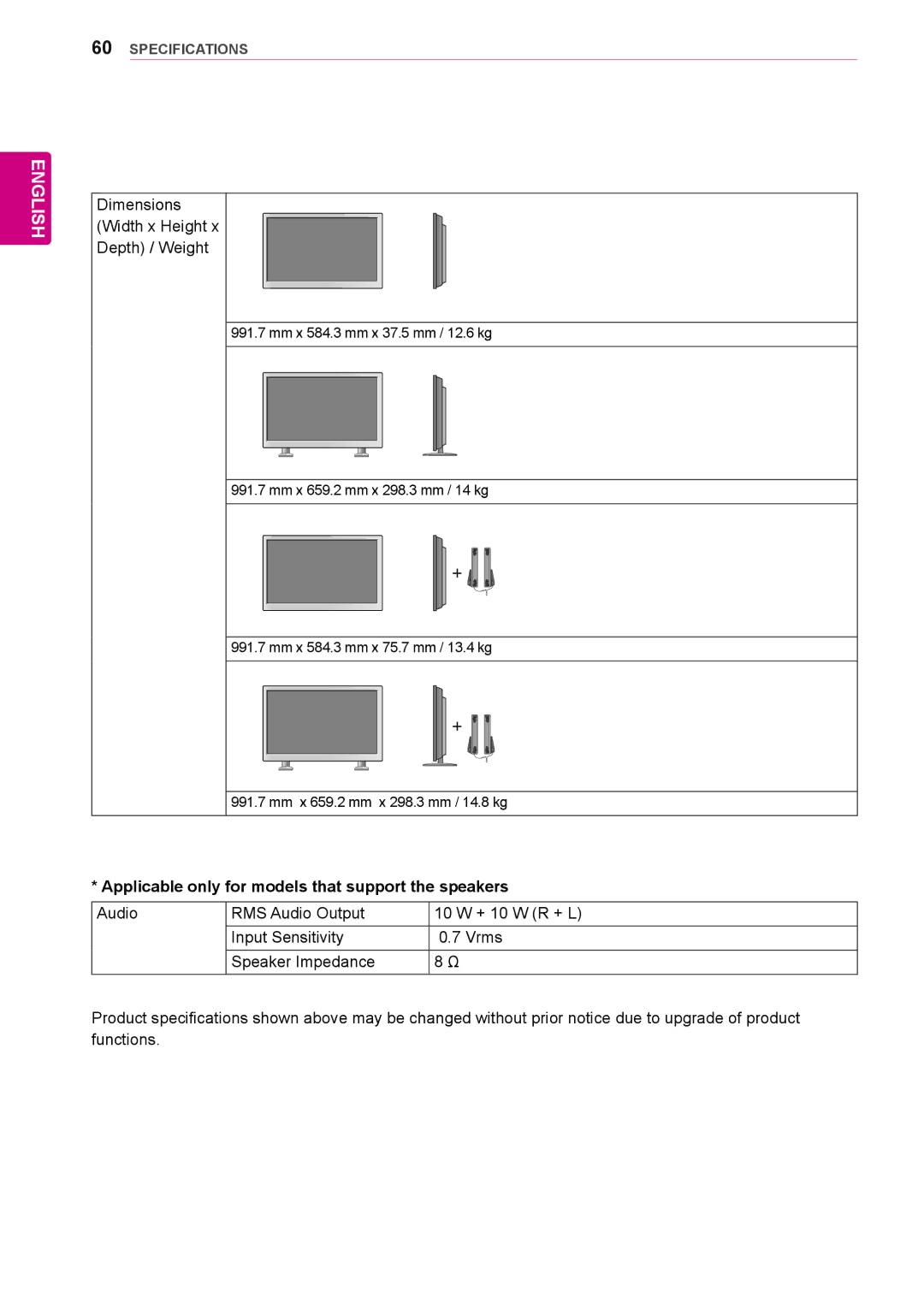 LG Electronics 42WS10, 47WS10, 55WS10 owner manual Depth / Weight, Applicable only for models that support the speakers 