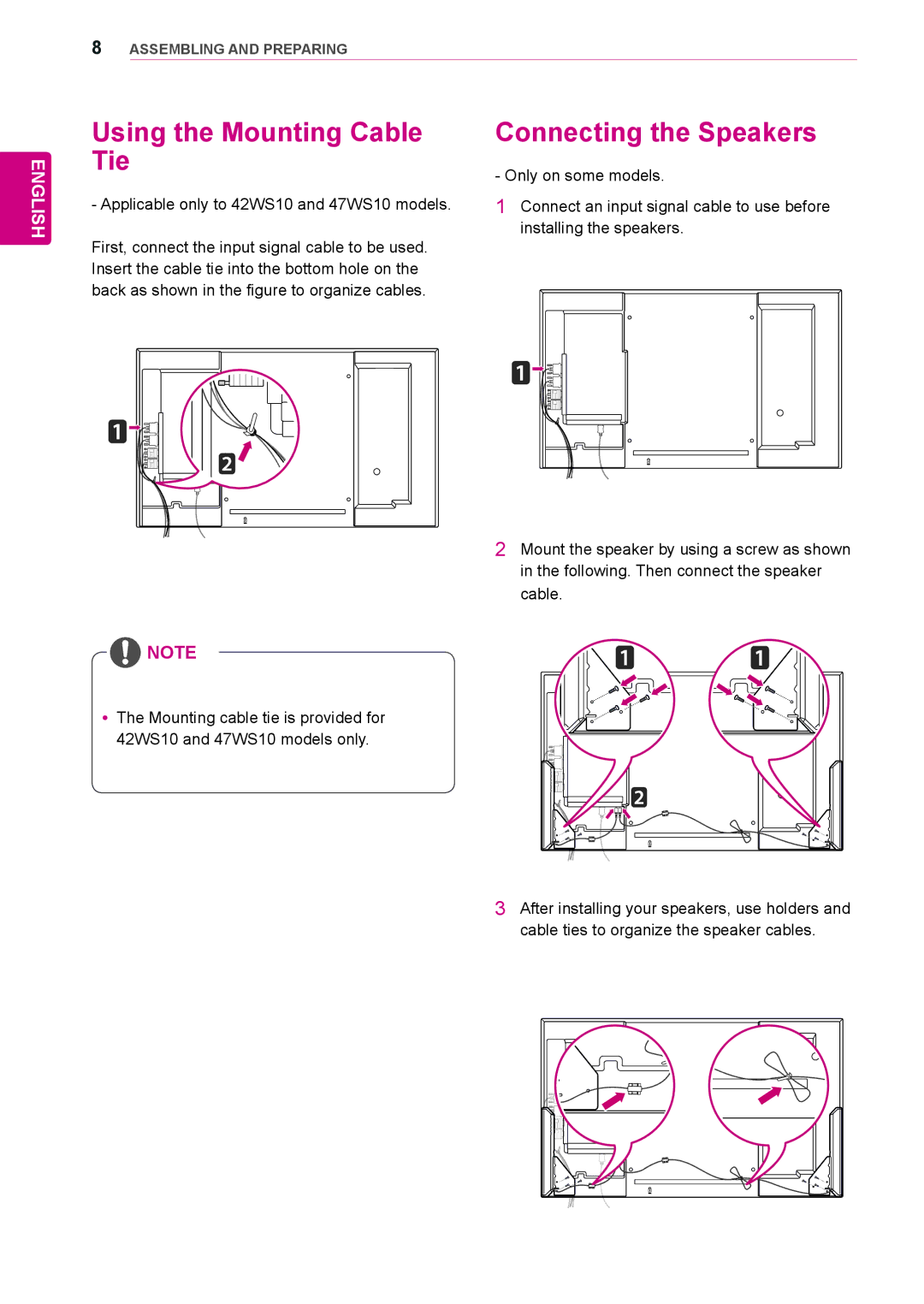 LG Electronics 55WS10, 42WS10, 47WS10 owner manual Using the Mounting Cable Tie, Connecting the Speakers 