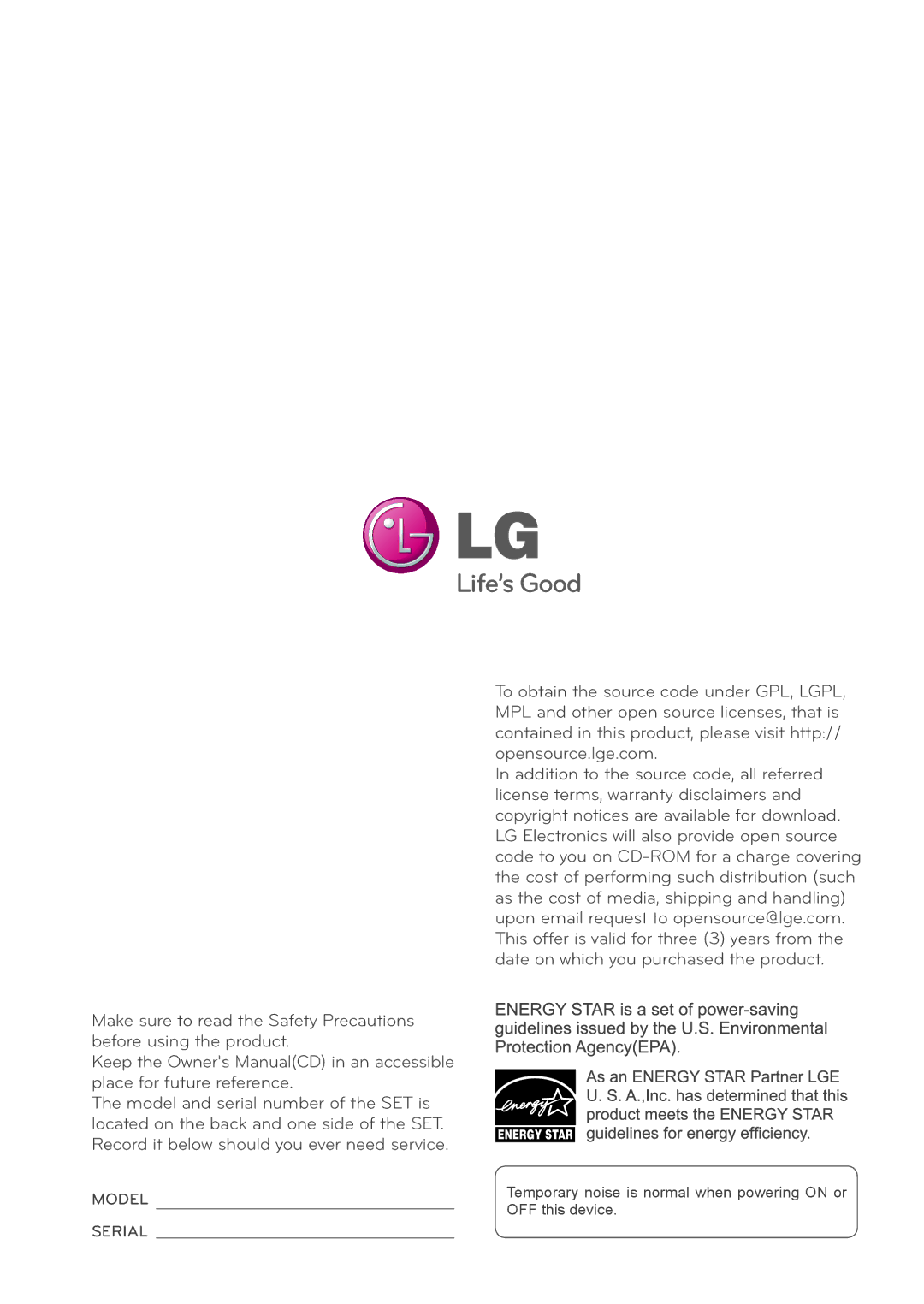 LG Electronics 42WS10, 47WS10, 55WS10 owner manual Model 