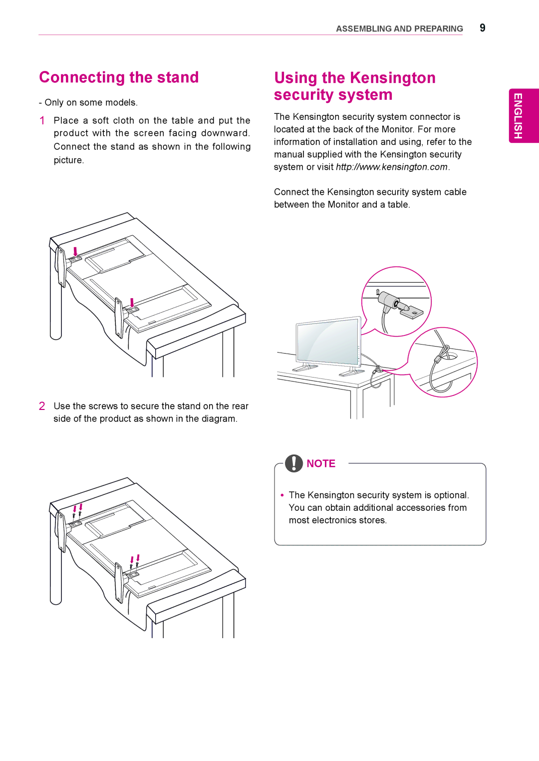 LG Electronics 42WS10, 47WS10, 55WS10 owner manual Connecting the stand, Using the Kensington security system 