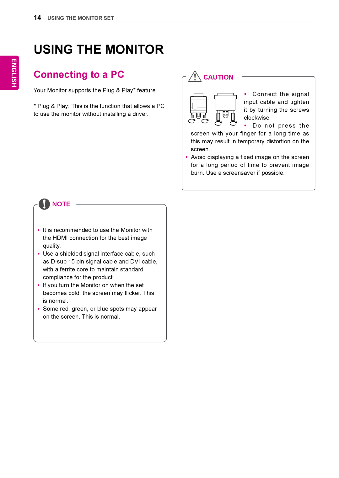 LG Electronics 55WS10, 42WS10, 47WS10 owner manual Using The Monitor, Connecting to a PC, English 
