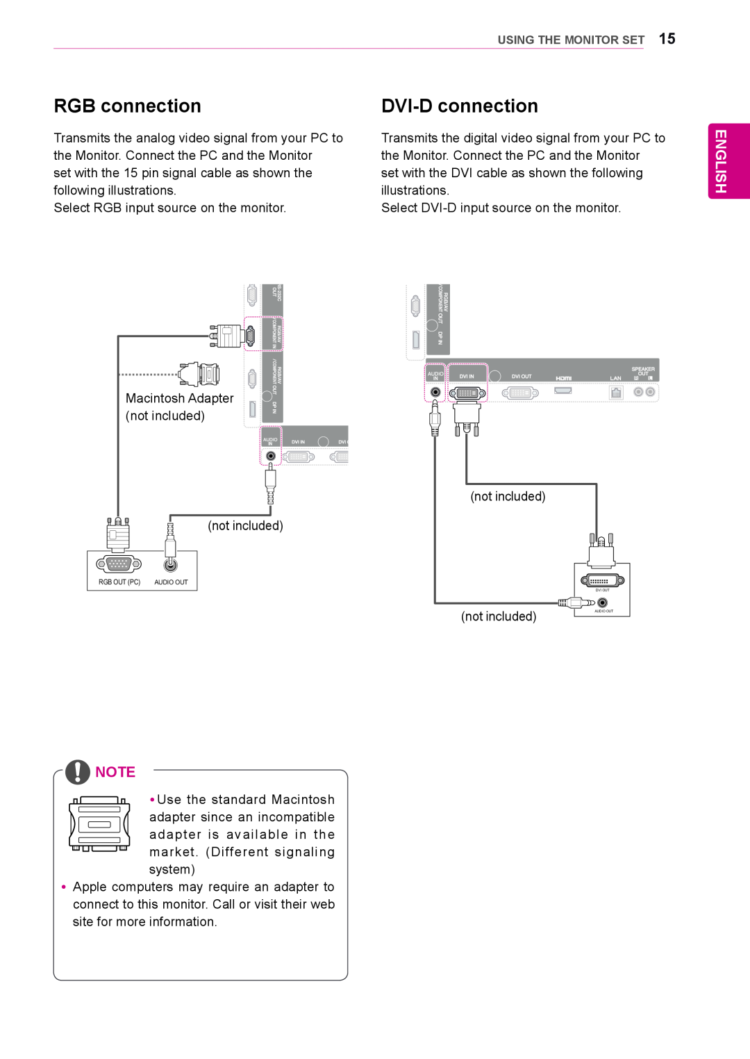 LG Electronics 42WS10, 47WS10, 55WS10 owner manual RGB connection, DVI-D connection, English, Using The Monitor Set 