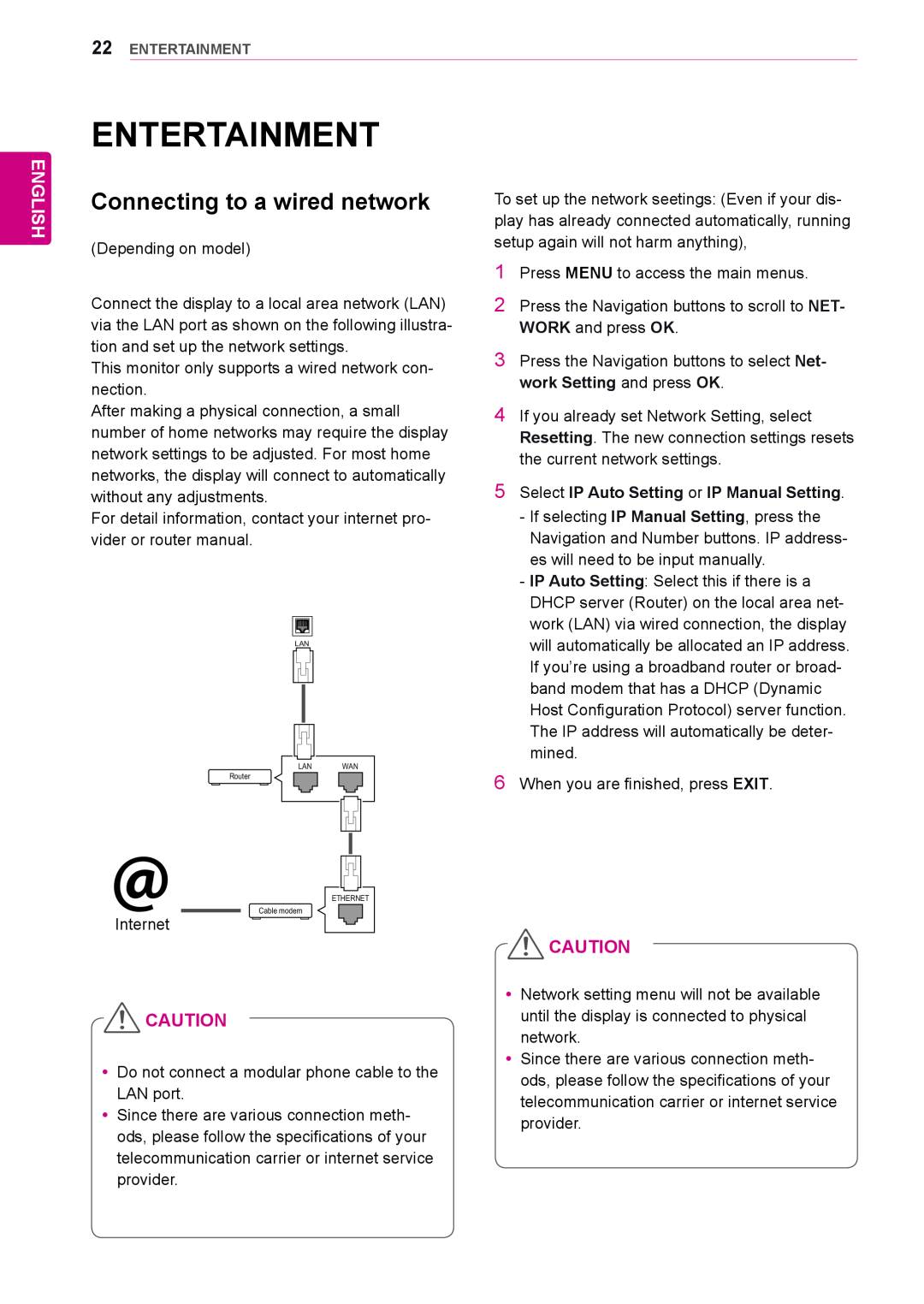 LG Electronics 47WS10, 42WS10, 55WS10 owner manual Entertainment, Connecting to a wired network, English 