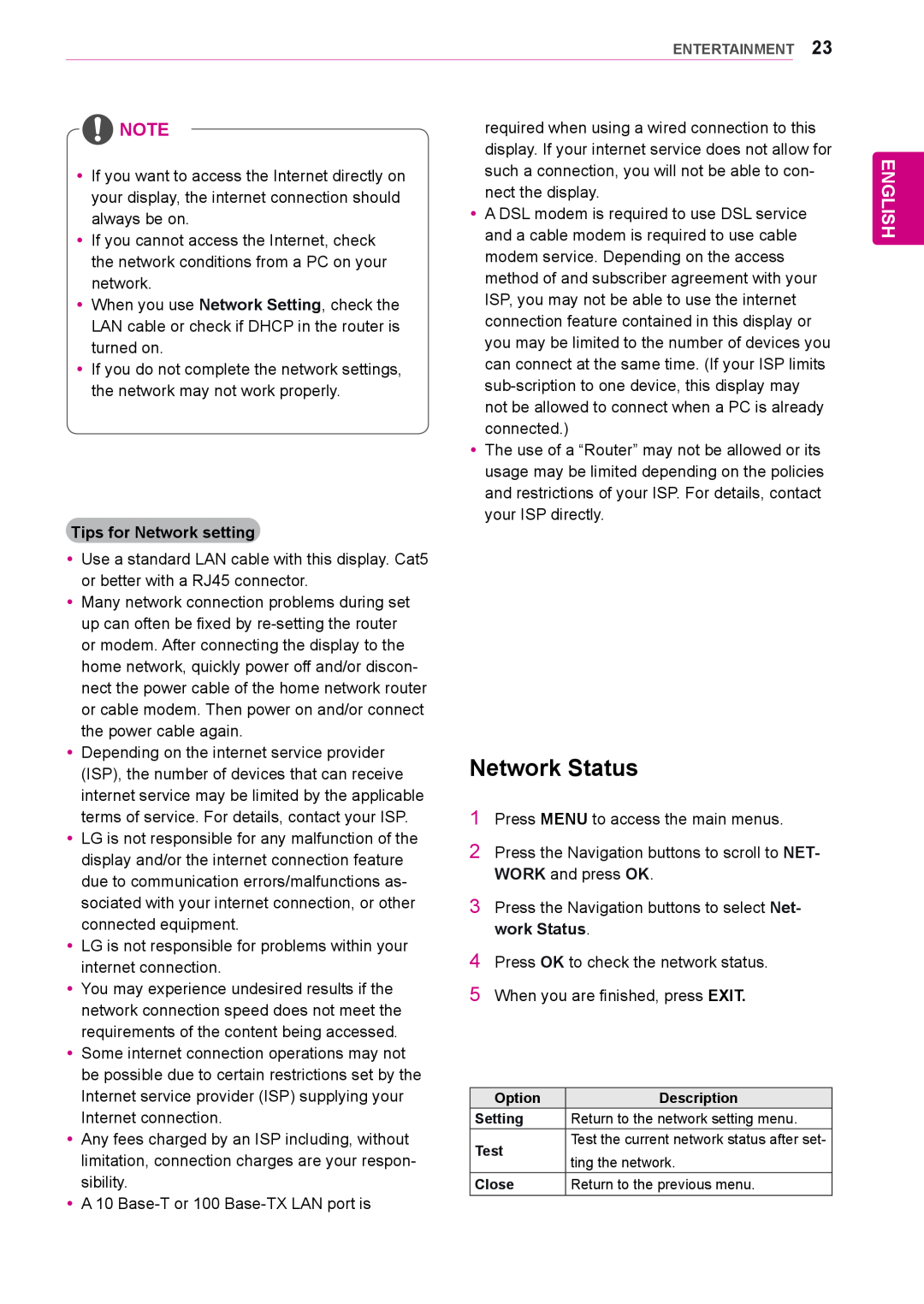 LG Electronics 55WS10, 42WS10, 47WS10 owner manual Network Status, English, Tips for Network setting 