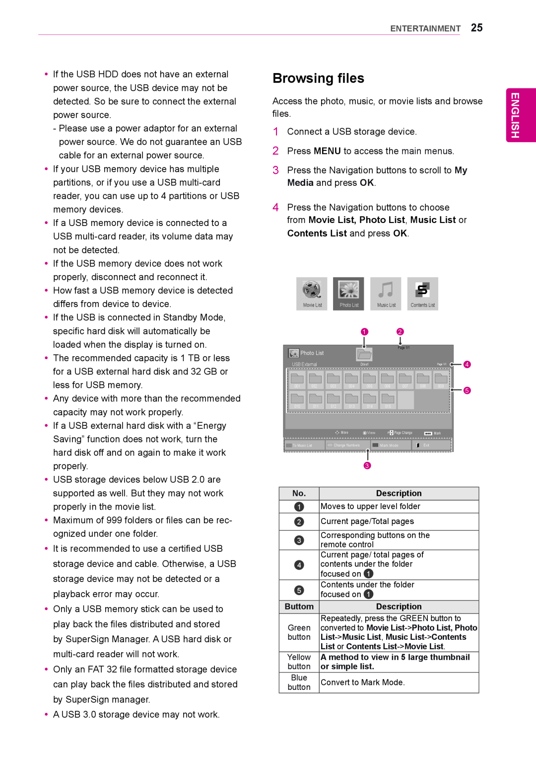 LG Electronics 47WS10, 42WS10, 55WS10 owner manual Browsing files, English 