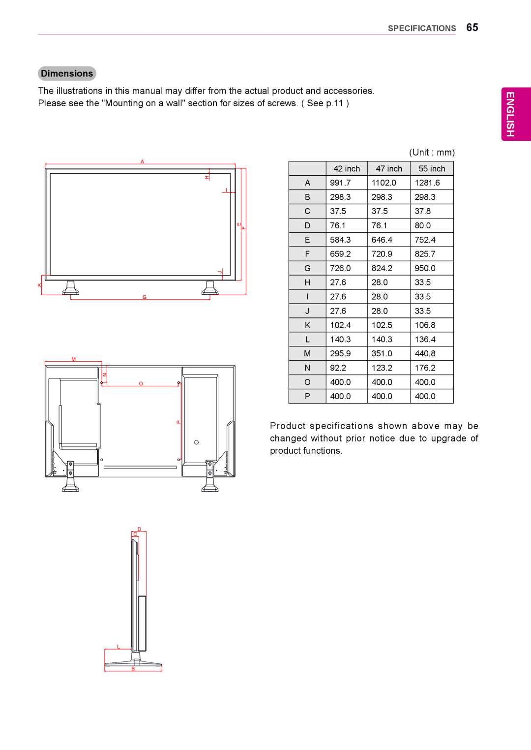 LG Electronics 55WS10, 42WS10, 47WS10 owner manual English, Dimensions, Specifications 
