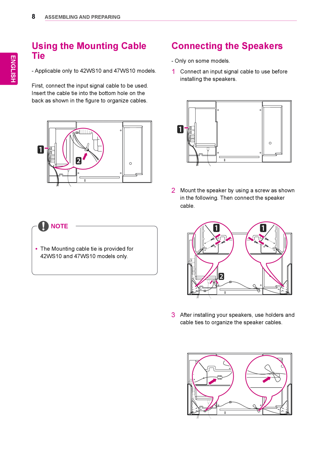 LG Electronics 55WS10, 42WS10, 47WS10 owner manual Using the Mounting Cable Tie, Connecting the Speakers, English 
