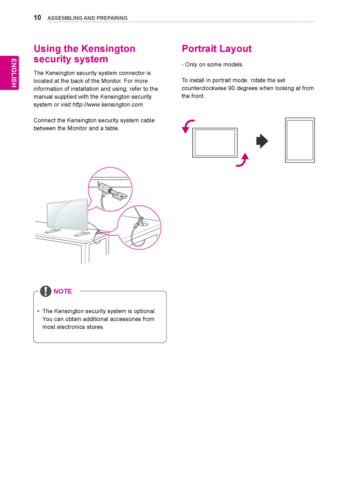 LG Electronics 42WS50BS, 47WS50BS owner manual Using the Kensington security system, Portrait Layout 