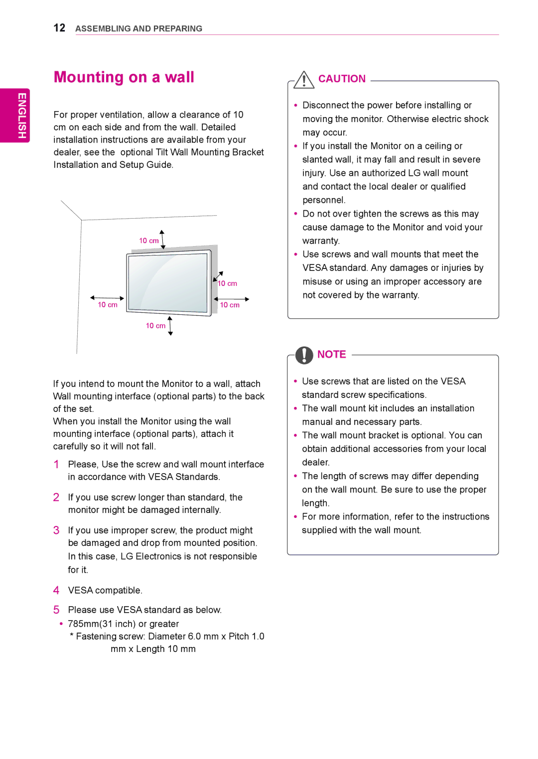 LG Electronics 42WS50BS, 47WS50BS owner manual Mounting on a wall 