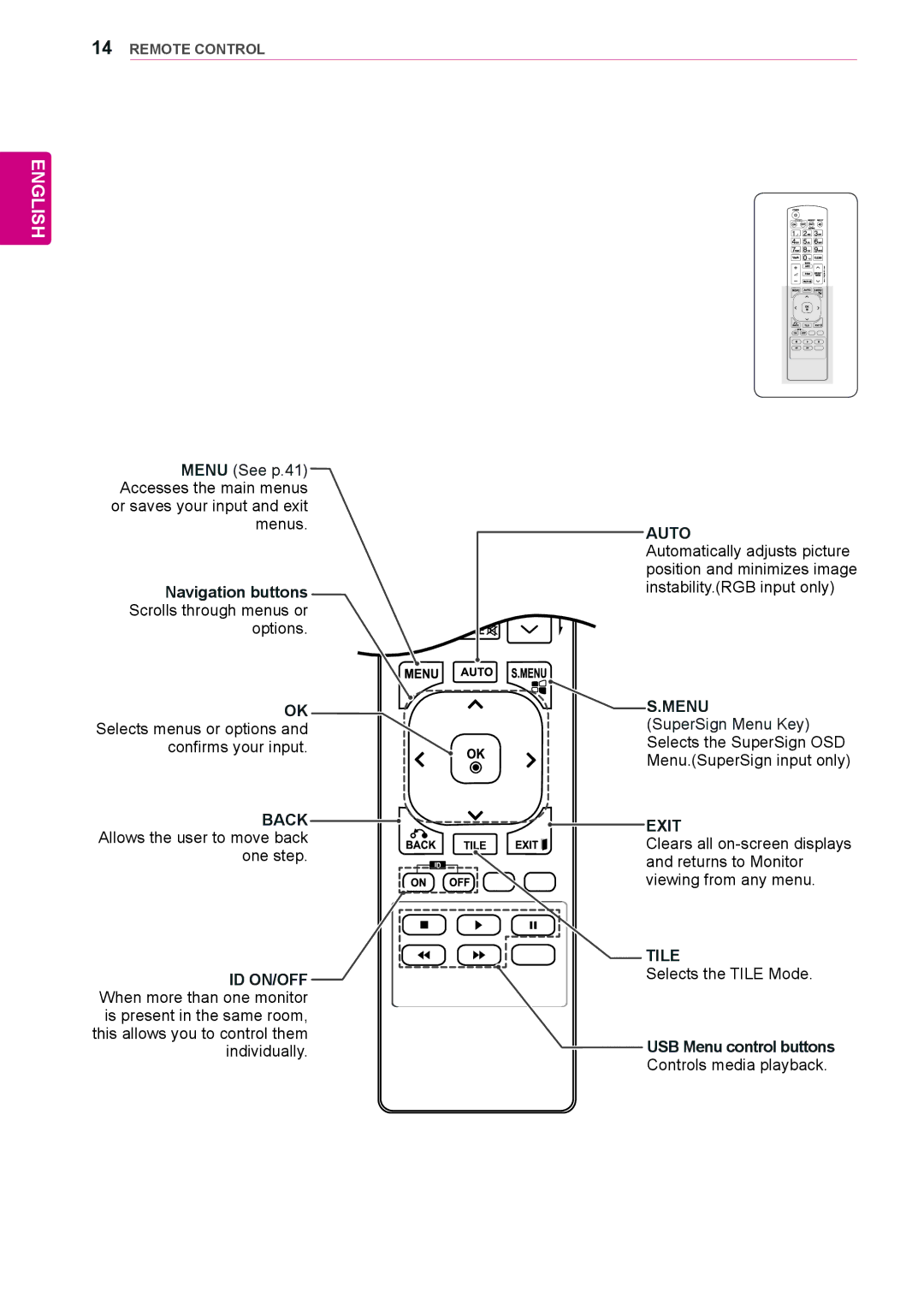 LG Electronics 42WS50BS, 47WS50BS owner manual Navigation buttons Scrolls through menus or, USB Menu control buttons 