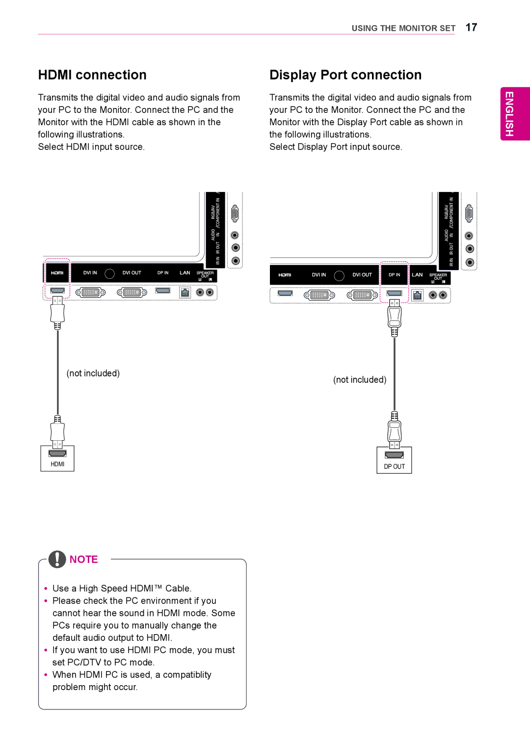 LG Electronics 47WS50BS, 42WS50BS owner manual Hdmi connection, Display Port connection 