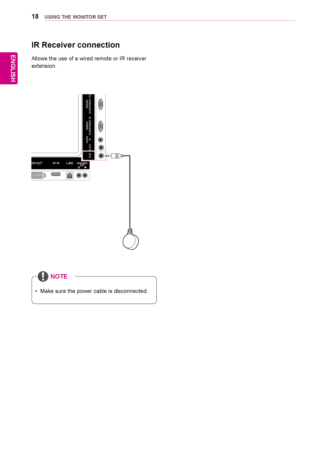 LG Electronics 42WS50BS, 47WS50BS owner manual IR Receiver connection 