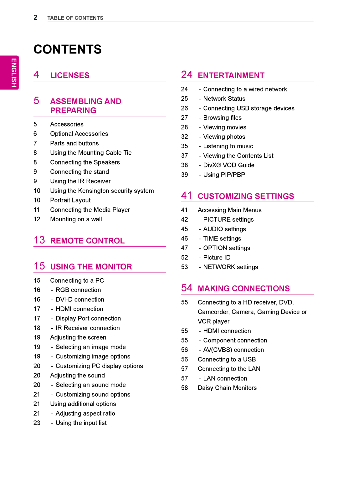 LG Electronics 42WS50BS, 47WS50BS owner manual Contents 