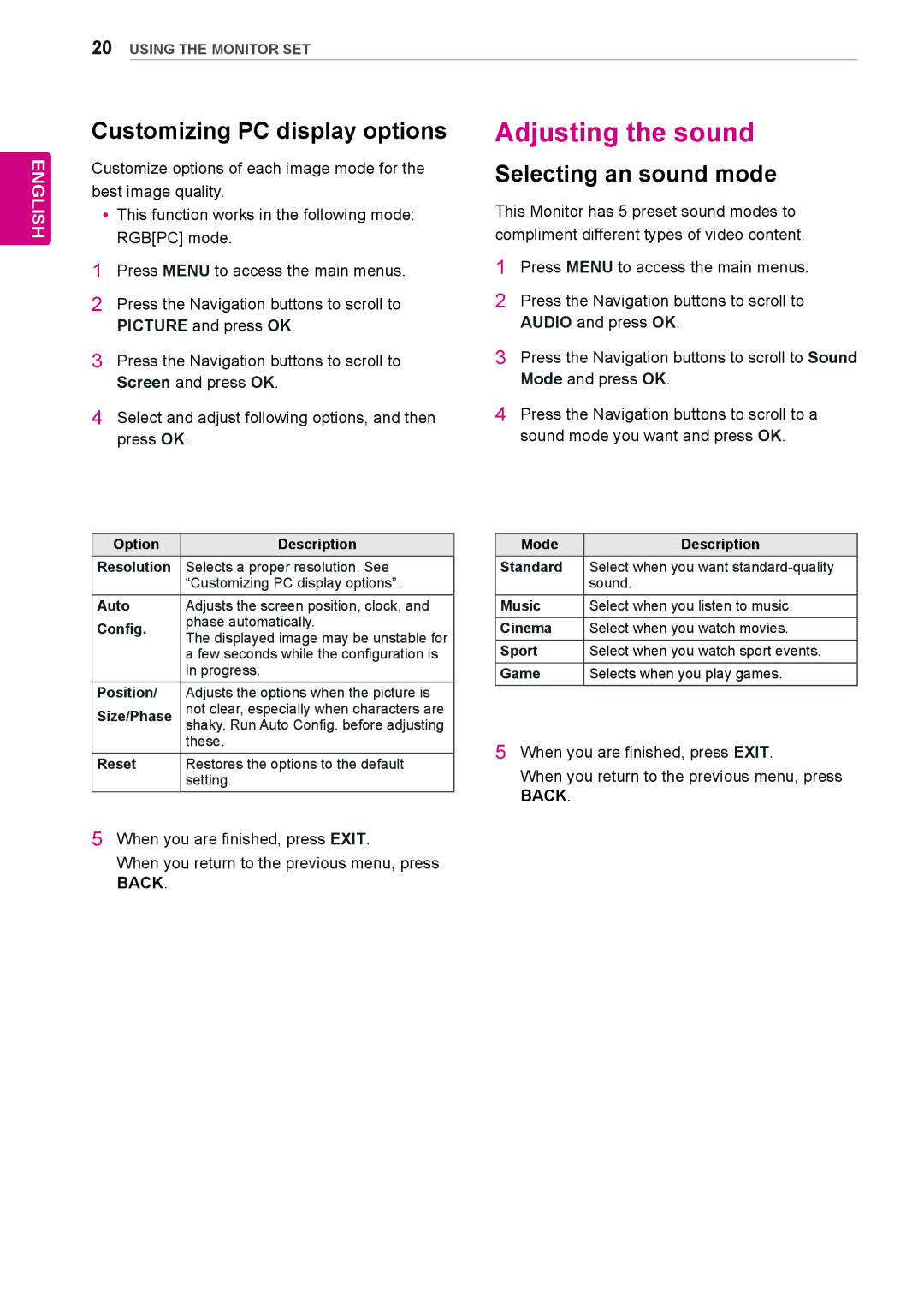 LG Electronics 42WS50BS, 47WS50BS owner manual Adjusting the sound, Customizing PC display options, Selecting an sound mode 