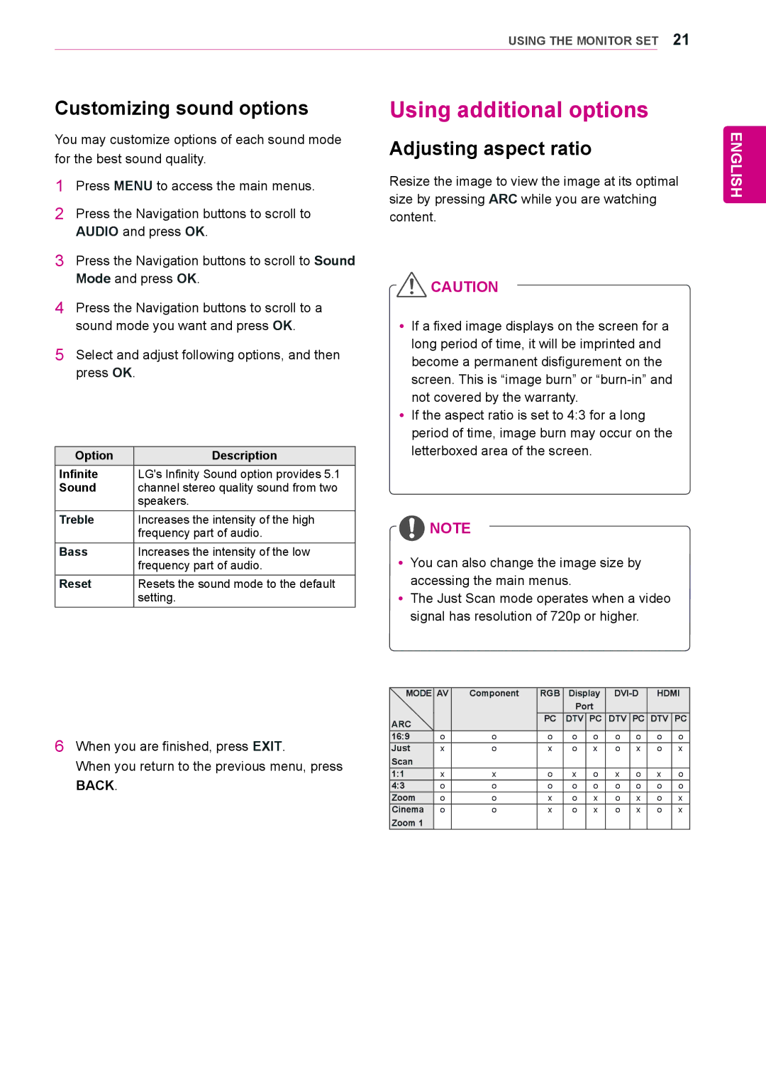 LG Electronics 47WS50BS, 42WS50BS owner manual Using additional options, Customizing sound options, Adjusting aspect ratio 