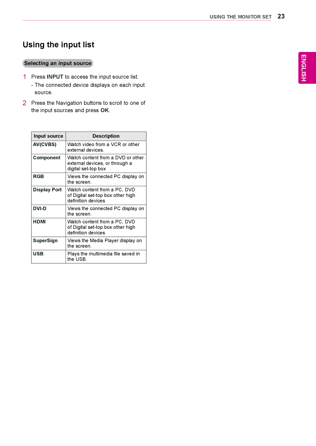 LG Electronics 47WS50BS, 42WS50BS owner manual Using the input list, Selecting an input source 