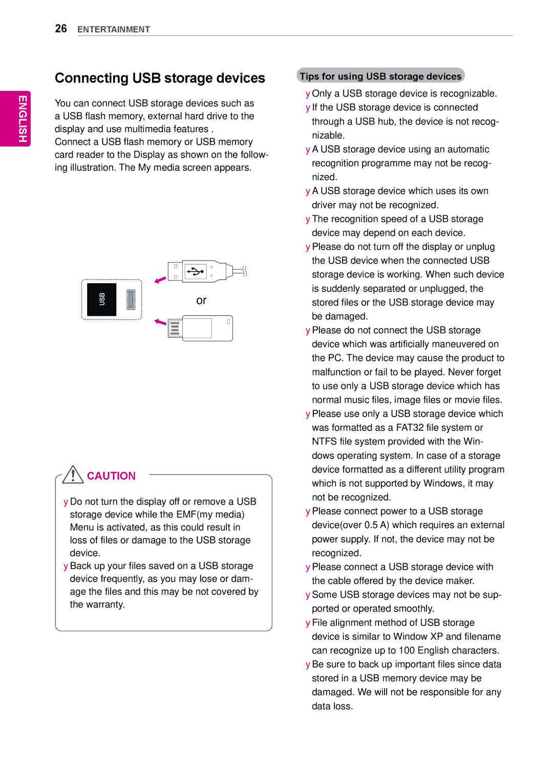 LG Electronics 42WS50BS, 47WS50BS owner manual Connecting USB storage devices, Tips for using USB storage devices 