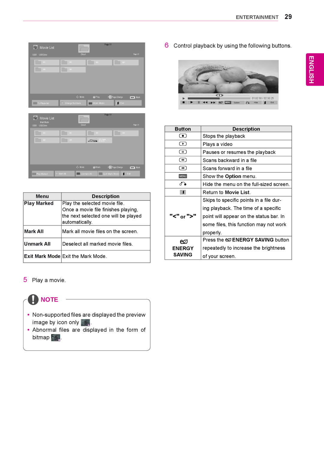 LG Electronics 47WS50BS, 42WS50BS owner manual Menu Description, Energy 