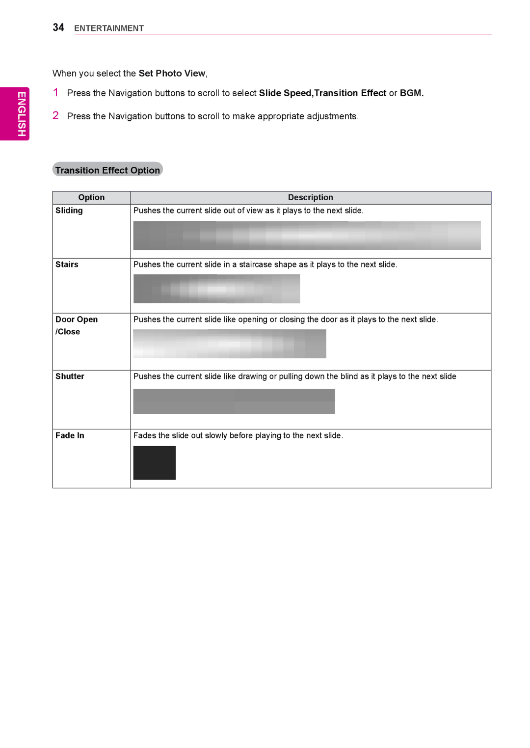 LG Electronics 42WS50BS, 47WS50BS owner manual Transition Effect Option 